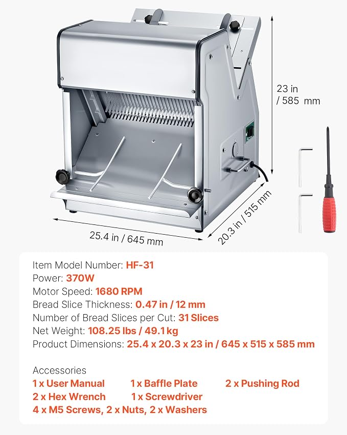 VEVOR Electric Bread Slicer, 370W 1680RPM Bread Slicing C, Stainless Steel Countertop Bread Cutter Machine for 12mm Slice Thickness, Commercial & Home Use for Bakeries Restaurants, 120V