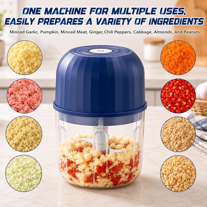 Electric Garlic Chopper, Cordless Mini Food Processor Rechargeable | 6 Stainless Steel Blades,Cordless USB-C Rechargeable,No Garlic Smell on Hands, Splash-Proof Design,Food-Grade PP