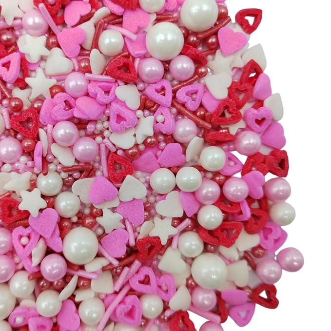 Edible Heart Sprinkles Red White and Pink Sprinkles Mix with Pearl Decorations Hearts Cake Decorations Cupcake Toppers Baking Cookie Decorating Ice Cream Toppings Celebration Valentines Decoration