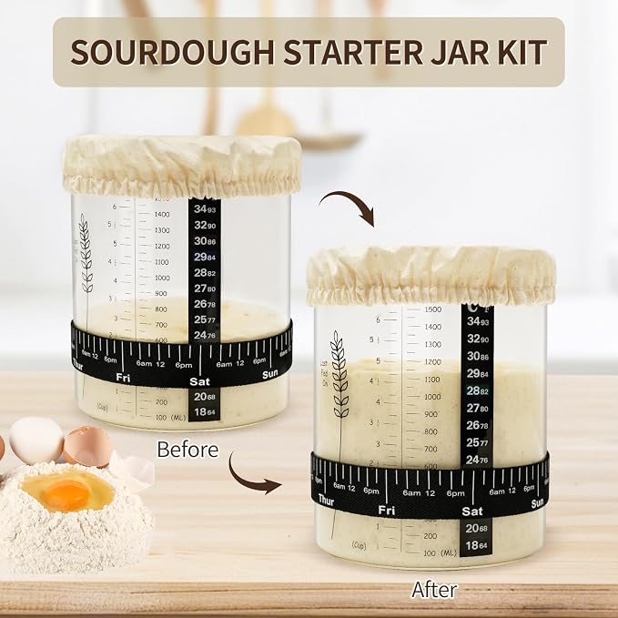 50oz Sourdough Starter Jar, Wide Mouth Sourdough Jar, Large Capacity Sourdough Starter Kit with Lid, Band, Date Tracker, Temp, Sourdough Bread Starter Kit for Perfect Sour Dough(2 Pack)