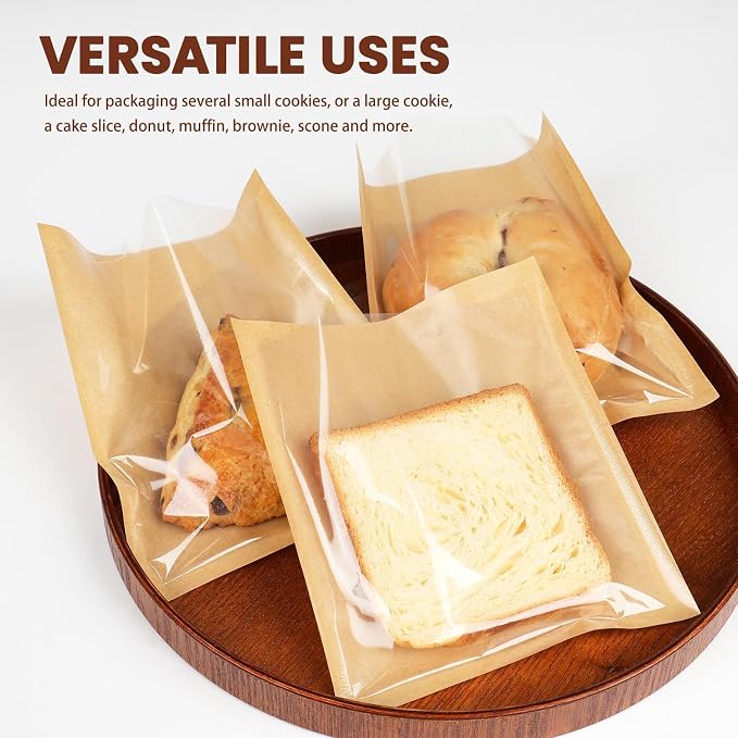500 Pack Cookie Packaging Bags with Seal, 5.7x6.5 Inch Heat Sealable Paper Cookie Sleeves, Grease Resistant To Go Bakery Bags with Window for Bake Sale Brownie, Treat, Donut, Cake Slice, Scone
