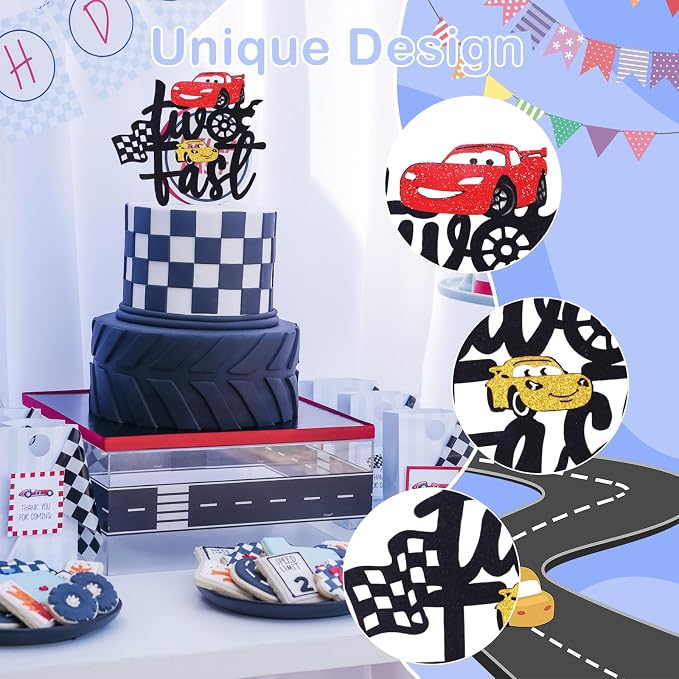 MEMOVAN Two Fast Cake Topper Race Car 2nd Cake Toppers Racing Car Birthday Cake Decoration for Racing Car Checkered Flag Themed Girl Boy 2 Years Birthday Party Decoration Double Sided