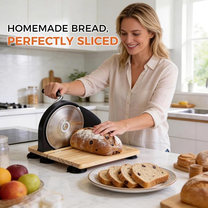 Premium Bamboo Bread Slicer for Homemade Bread - Heavy Duty Manual Slicer with Weighted Stability Base - Adjustable Thickness Guides - Foldable Design for Sourdough, Loaves & Bagels