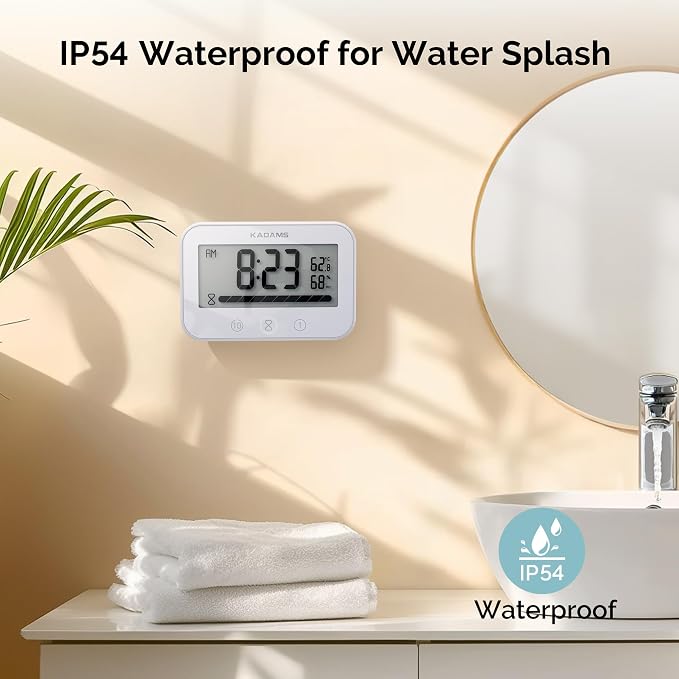 KADAMS Shower Timer Clock Waterproof Bathroom Timer – Digital Wall Clock with Countup Countdown, Magnetic Kitchen Timer Clock Temperature, Suction Cup Kids Shower Spa Cook Bath (Black, Rectangular)