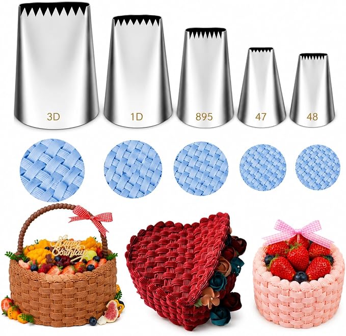 5 Pcs Basketweave Piping Tips Set, 3D, 1D, 895, 48, 47, Stainless Steel Cake Decorating Tips, Frosting Icing Nozzles for Cupcakes, Cakes, Cookies