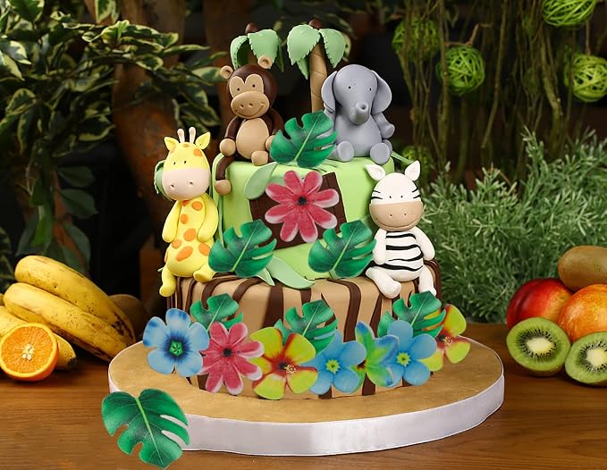 83pcs Edible Tropical Turtle Leaves Flower Cupcake Toppers Wafer Paper Palm Leaf Flower Cake Topper Edible Cake Decoration for Hawaii Aloha Jungle Summer Theme Wedding Birthday Baby Shower