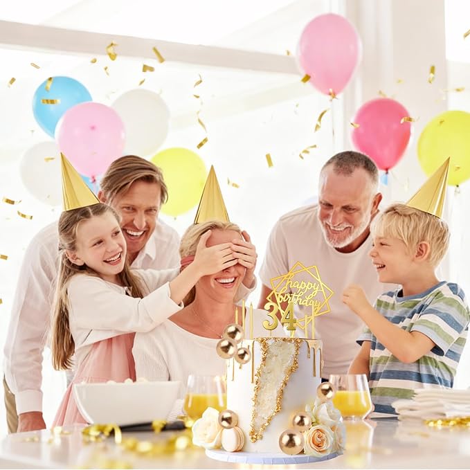 Gold Ball Cake Topper 34Pcs Happy Birthday Cake Toppers Birthday Candles DIY Cake Decorations with Numbers 0-9 for Men Women Wedding Anniversary