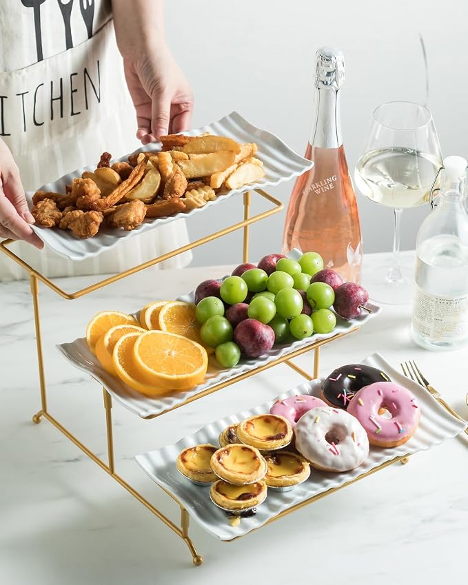 LAUCHUH 3 Tier Trays Stand, Porcelain Serving Trays Collapsible Sturdier Stand Serving Platters Dessert Table Display Set for Indoor Father's Day Party, Entertaining, Gold, 12.2 Inch