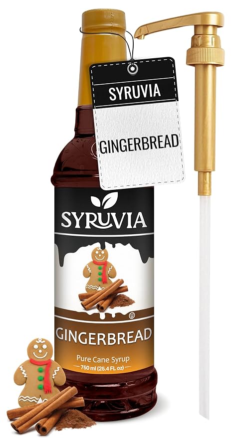 Syruvia Coffee Syrup, Gingerbread Flavored Syrup for Drinks, Lattes, and Desserts – 25.4 fl oz - with Pump