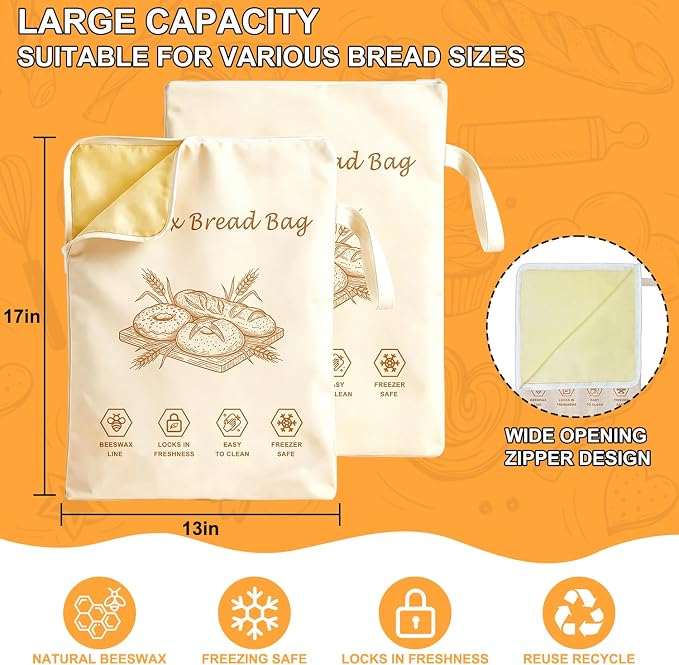 New Zipper Beeswax Bread Bags for Sourdough, 13x17" Reusable Bread Bag | Breathable Bees Wax Bread Bag with Wide Zipper, Freezer Safe Beeswax Bags for Bread, Homemade Bread Storage