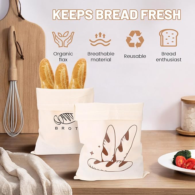 Huakaile 3 Pieces Linen Coffee Sourdough Bread Bags Baguettes 24" x 6" & 11" x 15", Reusable Homemade Bread Storage to Keep Fresh, Large Food Wraps Sourdough Baking Supplies for Kitchen Baker