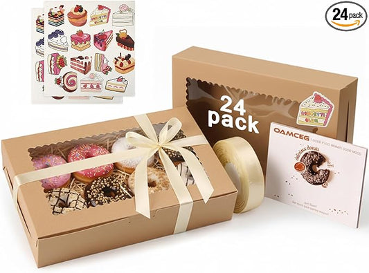 OAMCEG 24 Pack Cookie Boxes with Window, 12x8x2.5 Inch Bakery Treat Boxes for Christmas Holiday Gift Giving, Desserts, Donuts, Pastries-Brown