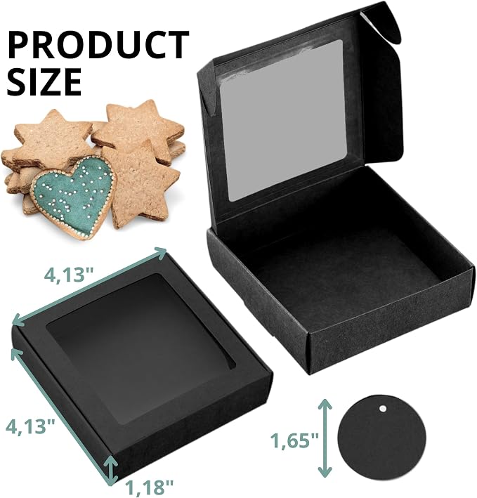 30PCS Cookie Boxes Black with Window - 4.13 x 4.13 x 1.18 Inch Durable Packaging for Baked Goods Small Bakery Containers for Pastries Gift Giving Bulk Food Storage Elegant Display for Desserts