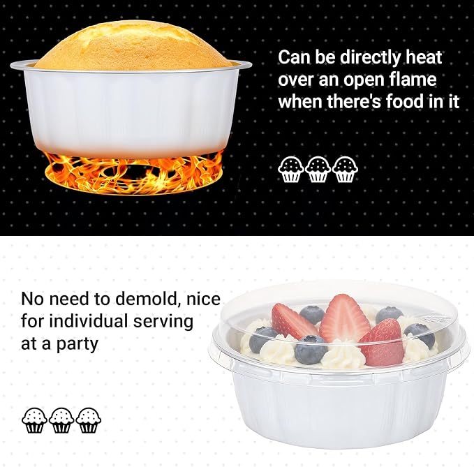 Beasea 8 oz Disposable Ramekins with Lids, 50 Pack Aluminum Cups for Baking, Aluminum Foil Baking Cups with Lids, Creme Brulee Muffin Cupcake Mini Pudding Foil Ramekin for Party Wedding - White
