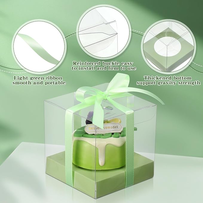 Thenshop 50 Pcs Clear Cupcake Boxes Individual 3.5 Inch Plastic Single Cupcake Containers Boxes with Inserts and Ribbon Individual Cake Storage Holders for Cake Kitchen(Light Green)