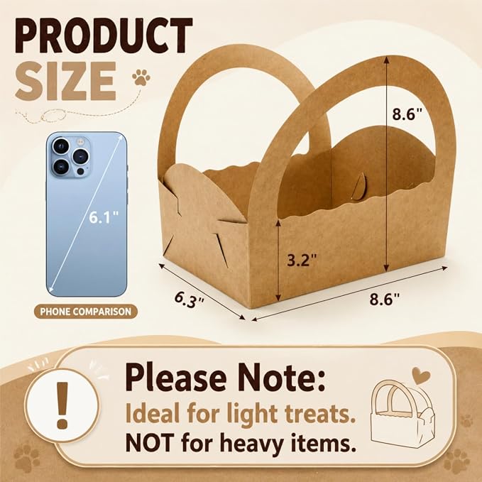 ELFULLY 50 Pack Paper Baskets for Gifts, 8.6" Kraft Basket with Handle Bulk, Empty Cookies Boxes for Desserts Snacks Donuts Pastries, Gifting Baskets for Party Wedding Anniversary Business DIY, Brown