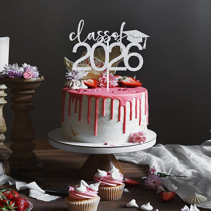 Class of 2026 Cake Topper, Congrats 2026 Cake Décor, Congrats Grad, Happy Graduation, High School/Senior/University Graduation Party Decorations Silver Glitter