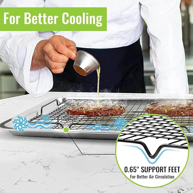HULISEN 4 Pack Cooling Racks - 16" x 10", Nonstick Wire Baking Rack with Handle fits Half Sheet Pan for Cooking, Roasting, Grilling, Drying, Metal Mesh Cookie Rack for Cooling Cake, Oven Safe