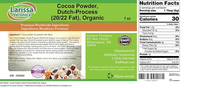 Cocoa Powder, Dutch-Process (20/22 Fat), Organic (1 oz, ZIN: 526560) - 2 Pack