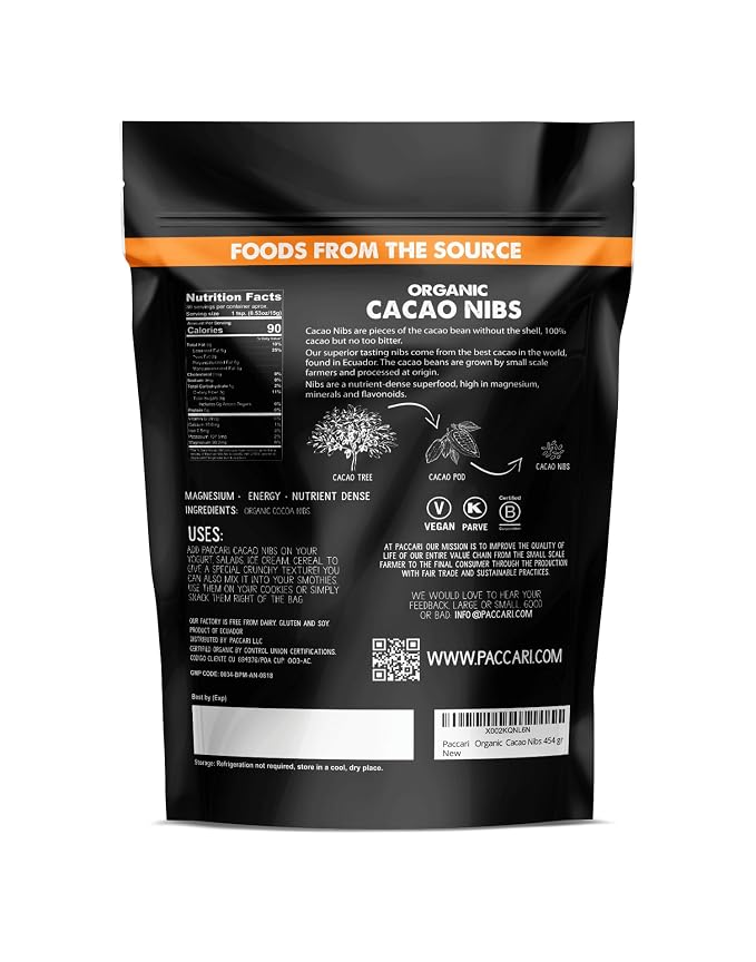 Paccari Raw Cacao Nibs | Organic, Pure & Sugar Free Chocolate Chips Alternative |Keto, Vegan, Non-GMO & Gluten Free | Perfect for Healthy Snacks 16oz