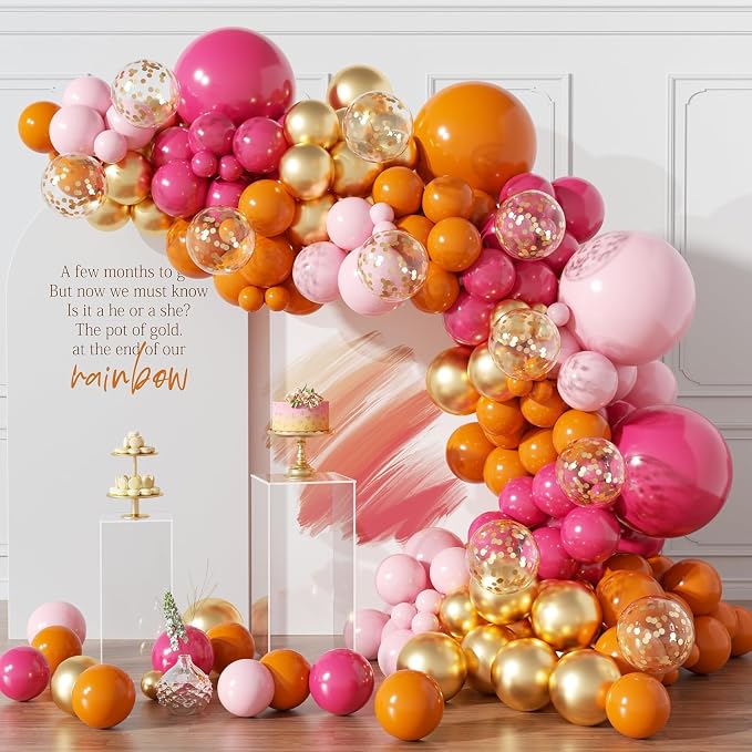 Pink and Orange Balloons Garland Arch Kit, 154pcs Hot Pink Light Pink Orange Metallic Gold and Confetti Latex Balloons for Summer Tropical Birthday Baby Shower Wedding Party Decorations