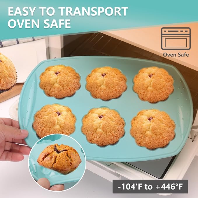 6-Cavity Silicone Muffin Pan, Flower Shape Non-Stick Baking Mold for Cupcakes, Egg Tarts, Fruit Pies, Brownies, Oven & Dishwasher Safe (-104°F to +446°F), BPA-Free Flexible Bakeware