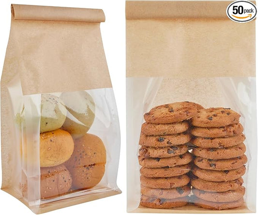 Ocmoiy 50Pcs Bakery Bags with Window, Resealable Tin Tie Tab Lock Bread Storage Bag, Clear Front Snack Bags for Packaging Cookies, Loaf, Popcorn, Paper Treat Bags