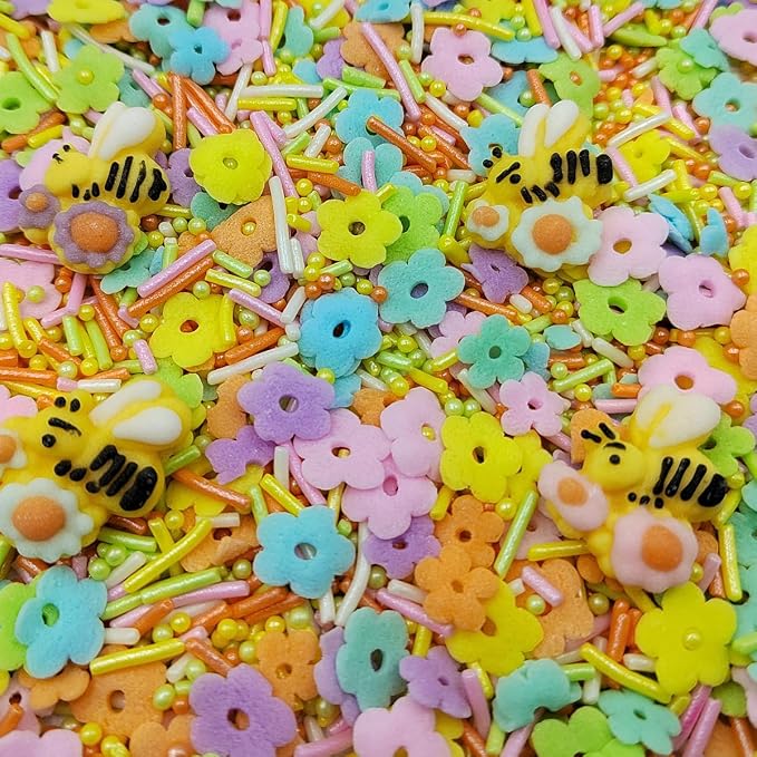 Edible Flower Sprinkles, Spring Colorful Sprinkles for Cake Decorating, Easter Sprinkle with Bees jimmies Pearls for Baking Cookie, Cupcake Toppers, Ice Cream Topping, and Birthday Decorations