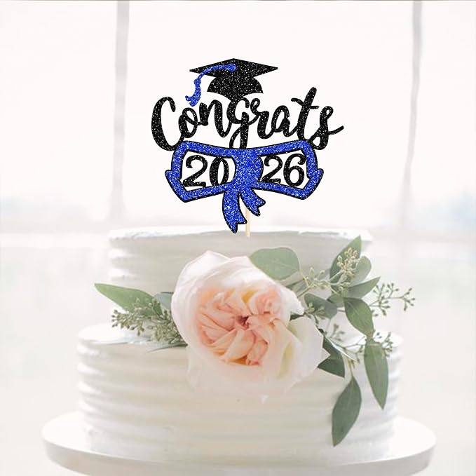 1 Pack Congrats 2026 Cake Topper Glitter Diploma Graduation Cap Cake Pick Contrats Class of 2026 Cake Decorations for 2026 Graduation Theme High School Boys Girls Graduate Party Blue