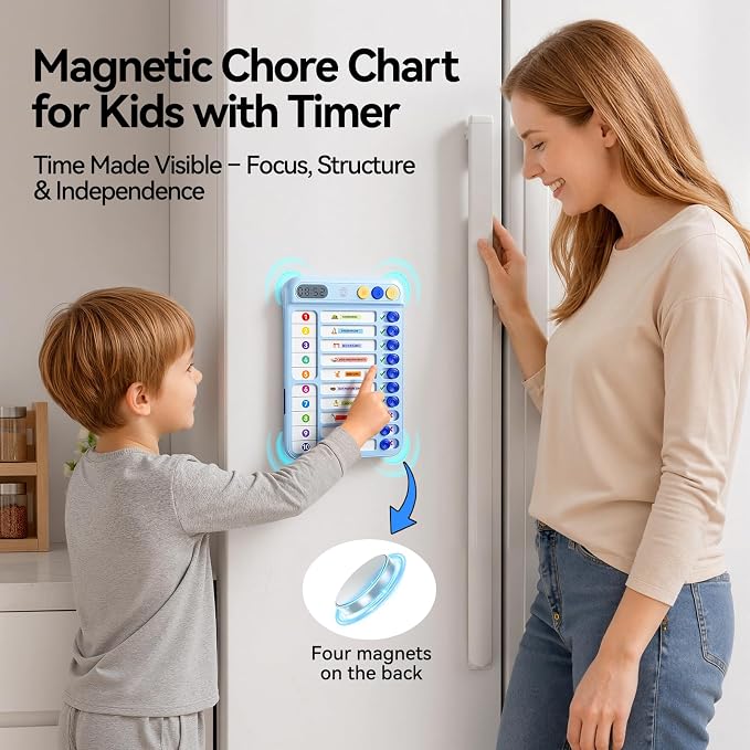 Magnetic Chore Chart for Kids with Timer, Visual Schedule for Kids, ADHD Tools to Do List, Checklist with 99-Min Countup/Countdown Chore Board with Sliders & Dry-Erase Sheets (Blue)