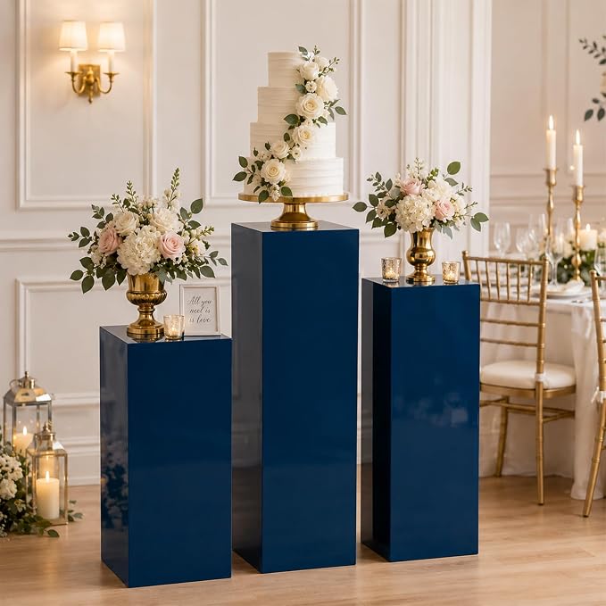 SwallowLiving 3PCS Metal Blue Display Pedestal Stand for Parties, Square Tall Pedestal Cake Stands Pillars for Wedding, Sculpture Display Stand Column Decoration