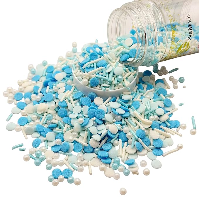 SE Si&Moos Baby Blue and White Sprinkles 3 OZ Blue and White Edible Pearls for Cake Decorating Edible Pearls and Sequins Sprinkles Mix for Baby Shower Wedding Halloween Christmas Cookie Decorations