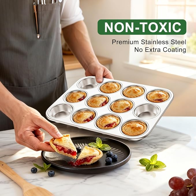 12-Cup Stainless Steel Muffin Pan, Cupcake Pan Metal Muffin Baking Tins for Oven & Dishwasher Safe, Cupcake Pans for Baking Non-toxic & Easy Clean Set of 2 ﻿