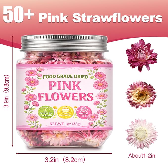 50+ Edible Dried Flowers for Cake Decorations - Food Grade Dried Pink Strawflower Blooms for Cocktail Garnish & Cupcakes, Drink Toppers, DIY Crafts