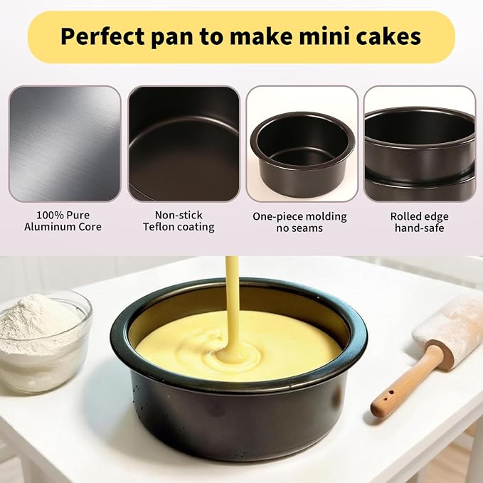 4 Inch Mini Cake Pans Set of 3, Small Round Carbon Steel Smash Cake Pans for Baking Individual Layer Cakes, Non-Stick Tiered Cheesecake Molds, Straight Edge & Dishwasher Safe