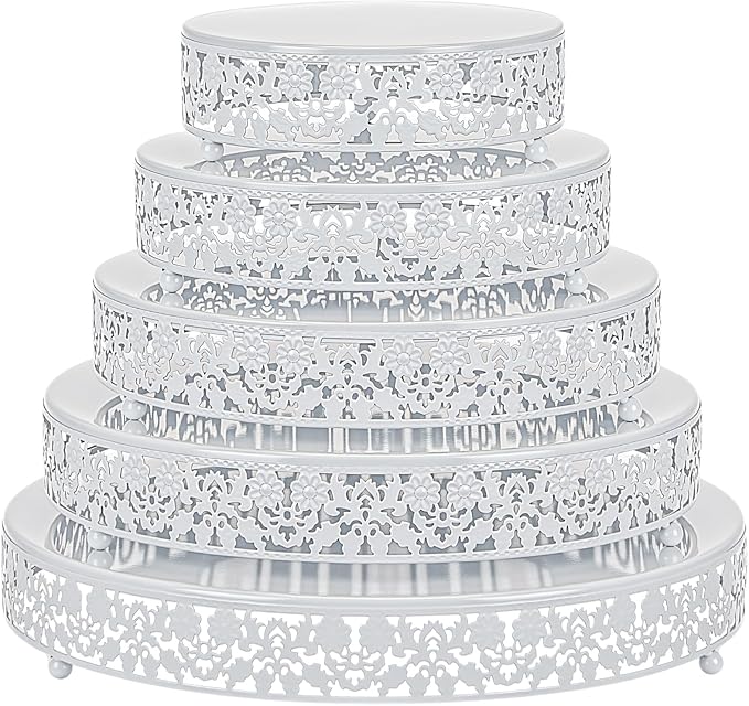 Wenqik 5 Pcs Metal White Cake Stand 16/14/12/10/8 Inch Round Cake Holder Display for Dessert Table Cookies Fruit Serving Tray Cupcake Pastry Riser for Wedding Birthday Party and Events