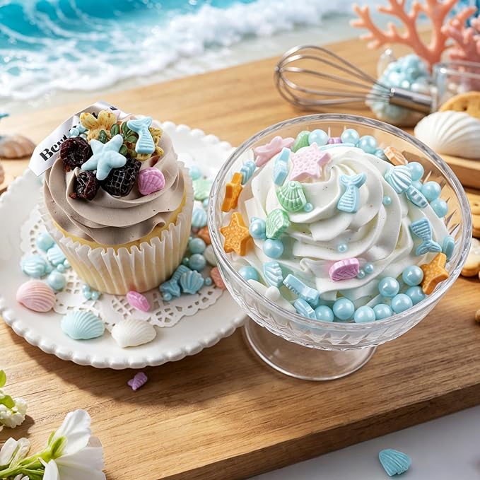 Blue Ocean Mermaid Sprinkles, Edible Seashells Cake Decorations, Starfish Mermaid Tails Candy Sugar Pearls, For Baking Cupcake, Cookie, Ice Cream Toppings, Beach Ocean Theme Birthday Party Supplies