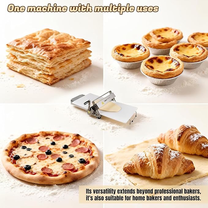 Dough Press Machine, Folding Manual Stainless Steel Dough Sheeter with 0-27mm Adjustable Thickness, Sheeter Board for Pizza, Croissant, Puff Pastry Dough, Home & Commercial Use