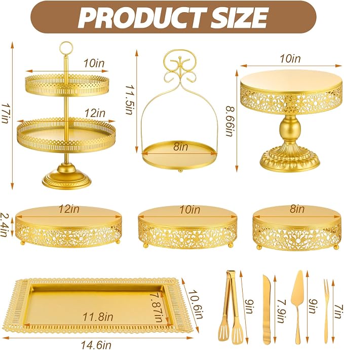 Wenqik 15 Pcs Gold Cake Stand Set Metal Dessert Display Set Tiered Cupcake Holder Square Serving Trays Round Tower Tray Platter for Wedding Birthday Party Celebration (Classic Style)