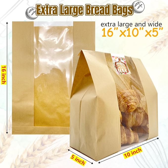 BIUBIU 16 x 10 x 5 Inches Extra Large Paper Bread Bags for Homemade Bread with Window and Sticker for XL Sourdough Bread, Supersized Loaf, Baked Goods, Packaging for Gifting - Brown Kraft 50 Pack