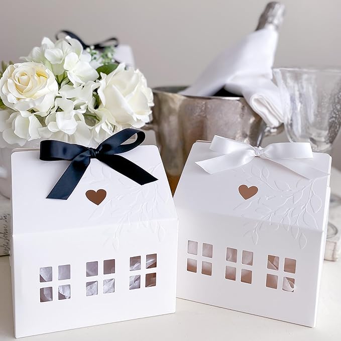 20 Pcs Classic House Shaped Gift Boxes with Neutral Ribbons for Treats, Desserts, Fancy Cookie, White Gable Bakery Packaging