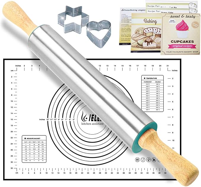 Rolling Pin Nonstick and Silicone Baking Pastry Mat Combo Kit Dough Rollers for Baking Pasta,Cookie Dough,Pastry,Bakery,Pizza