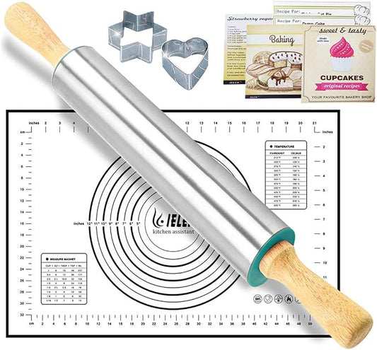 Rolling Pin Nonstick and Silicone Baking Pastry Mat Combo Kit Dough Rollers for Baking Pasta,Cookie Dough,Pastry,Bakery,Pizza