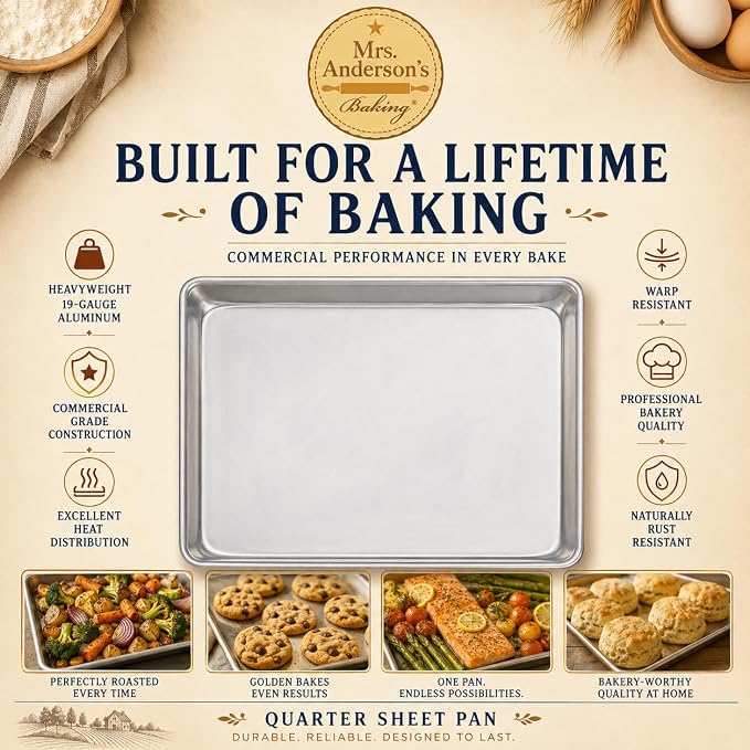 Mrs. Anderson’s Baking Quarter Sheet Pan, 9.5-Inches x 13-Inches, Heavyweight Commercial Grade 19-Gauge Aluminum
