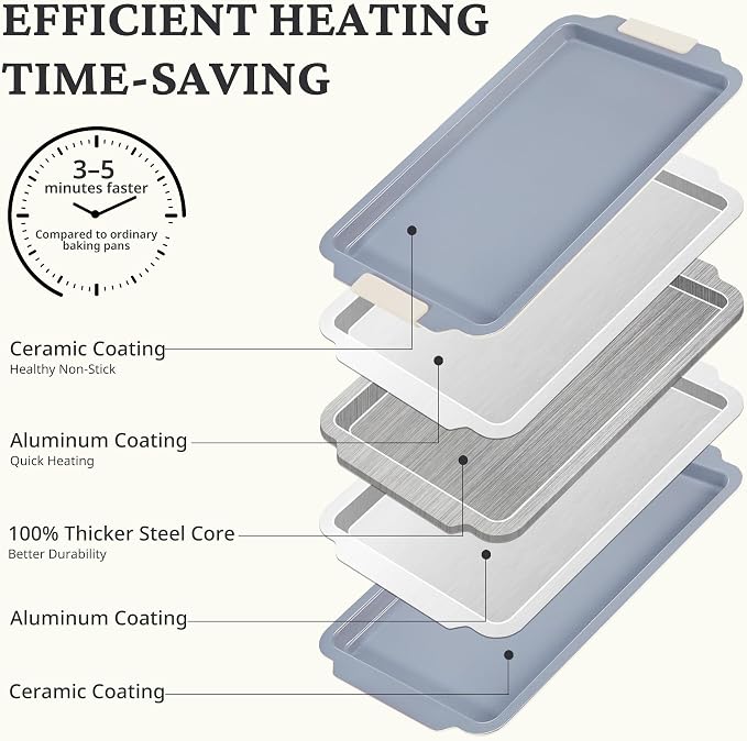 BRONYPRO Non Stick Ceramic Baking Sheet Pan Set of 3, Non Toxic Cookie Sheets (PFAS/PFOA/PTFE Free), Aluminized Steel Oven Trays with Silicone Handles, Rust-Resistant, Warp-Resistant to 500°F, Cream