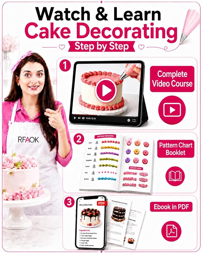RFAQK 200PCs Cake Decorating Kit with Cake Turntable & Leveler, Baking Supplies Gift Includes 110+1 Piping Bags,55 Icing Tips,2 Frosting Spatulas, Adjustable Scraper, Complete Video Course & much more