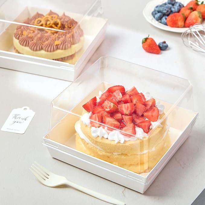 ZORRITA Paper Cake Boxes with Clear Lids, 7" x 7" x 4", 40 Pack, White | Disposable, Square Food Containers, For 4-6 Inch Cake, Dessert, Pie, Cupcake, Bakery, Charcuterie