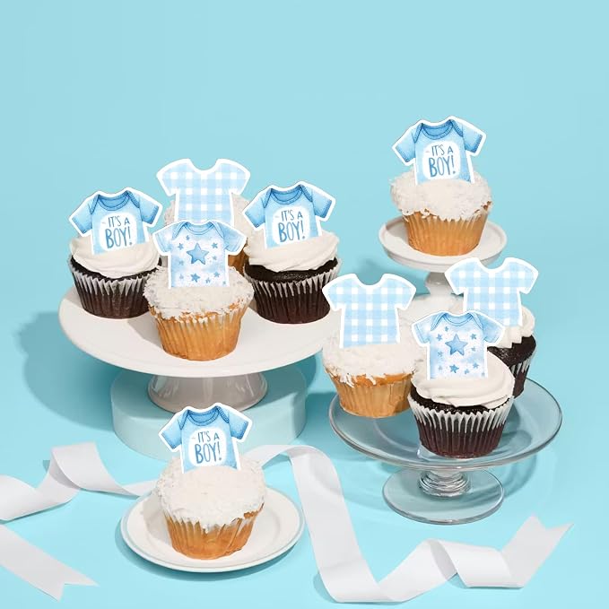 60 PCS Edible Bodysuit Cupcake Toppers Wafer Paper It's a Boy Cupcake Picks Edible Blue Gingham Theme Party Decorations for Boys Birthday Gender Reveal Baby Shower Party Cake Decorations Supplies