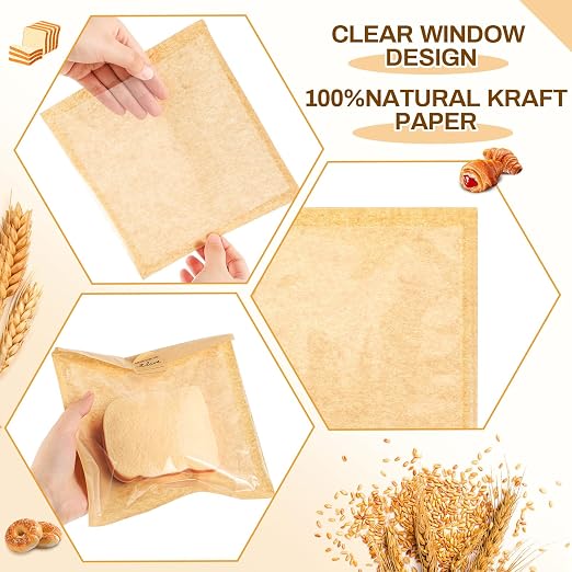 Outus 100 Pcs Cookie Packaging Bags with Seal, 7.1 x 7.5 Inch Bakery Pastry Bags with Window, Heat Sealable Grease Resistant Paper to Go Bake Sleeves for Gift Giving Donut Bread Sandwich (Brown)