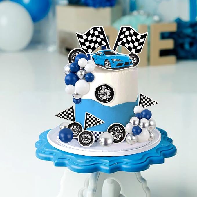 Ercadio 42Pcs Blue Racing Car Birthday Cake Toppers Wheel Checkered Flag Cupcake Toppers Silver Blue Balls Cake Decorations for Kids Racing Birthday Cake Decoration Race Car Party Supplies